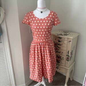 Polka Dot Retro Downeast Short Sleeve Dress in Coral Pink and White